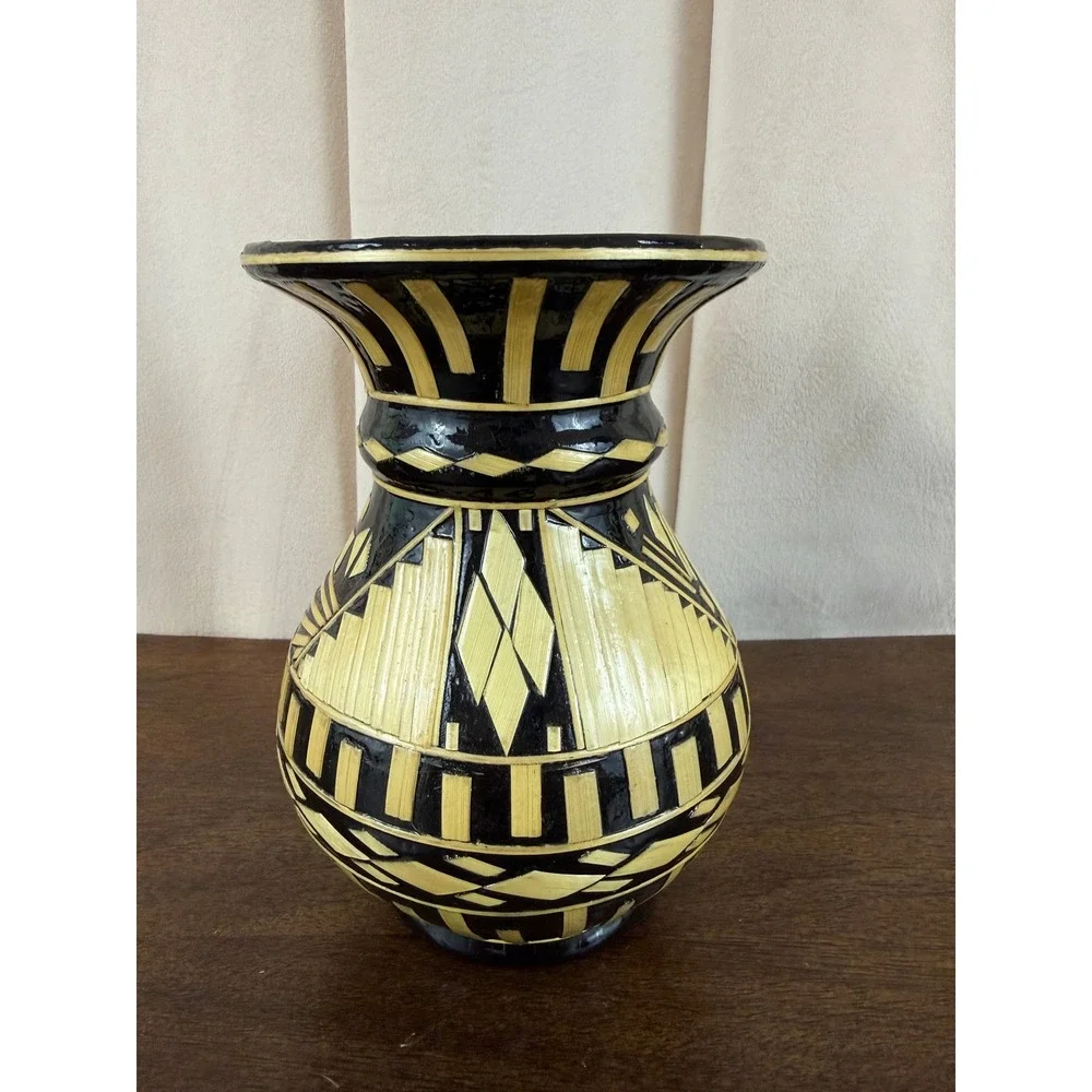 VTG‎ Black and Seagrass Bamboo Geometric Pattern Stoneware 6